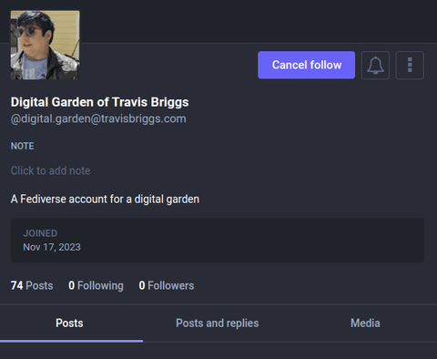 Screenshot of a Mastodon account belonging to "Digital Garden of Travis Briggs"/@digital.garden@travisbriggs.com