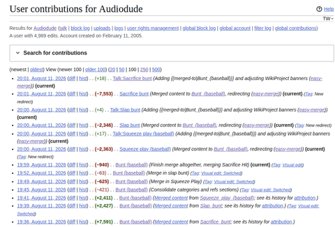 List of Wikipedia edits on baseball topics