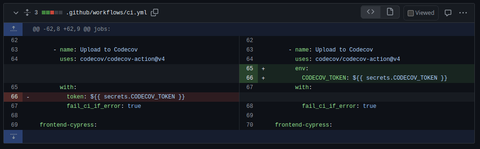 Code review showing GitHub actions code with one line changed